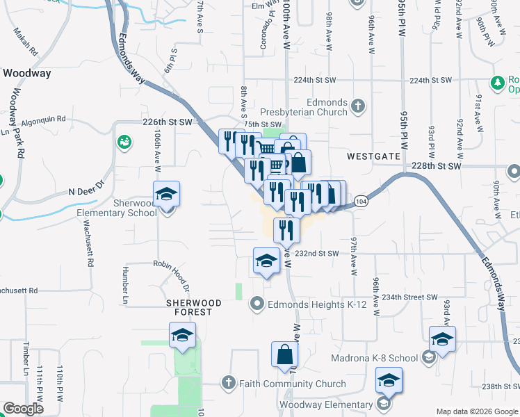 map of restaurants, bars, coffee shops, grocery stores, and more near 10032 Edmonds Way in Edmonds