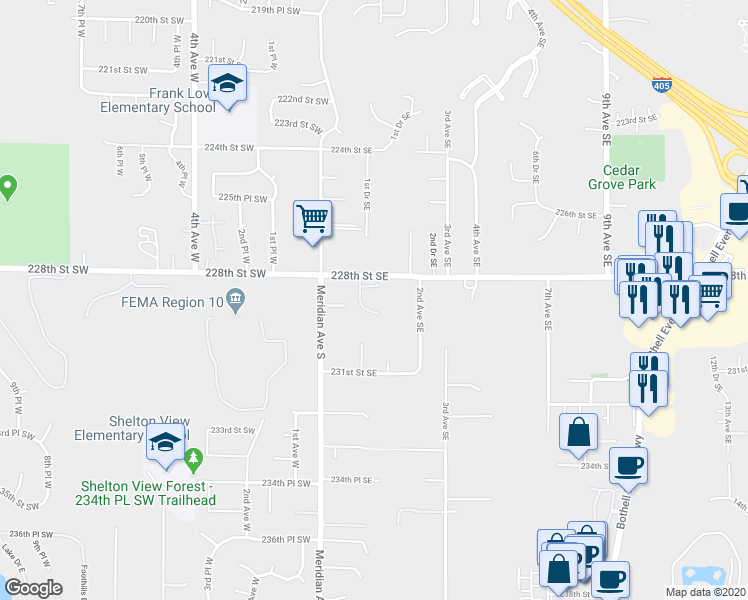 map of restaurants, bars, coffee shops, grocery stores, and more near 103 231st Street Southeast in Bothell