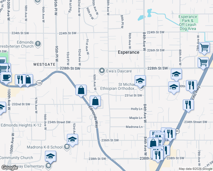 map of restaurants, bars, coffee shops, grocery stores, and more near 8807 231st Street Southwest in Edmonds