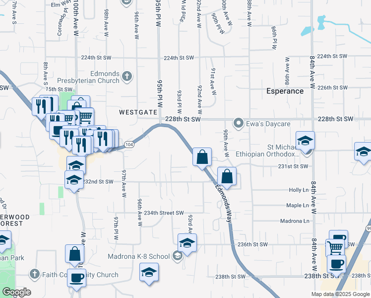 map of restaurants, bars, coffee shops, grocery stores, and more near 23000 Edmonds Way in Edmonds