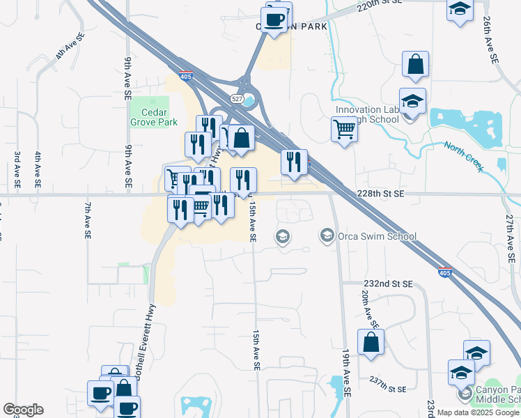 map of restaurants, bars, coffee shops, grocery stores, and more near 22911 15th Avenue Southeast in Bothell