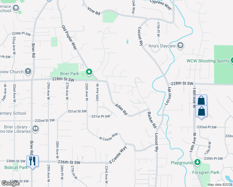 map of restaurants, bars, coffee shops, grocery stores, and more near 23019 Atlas Road in Bothell
