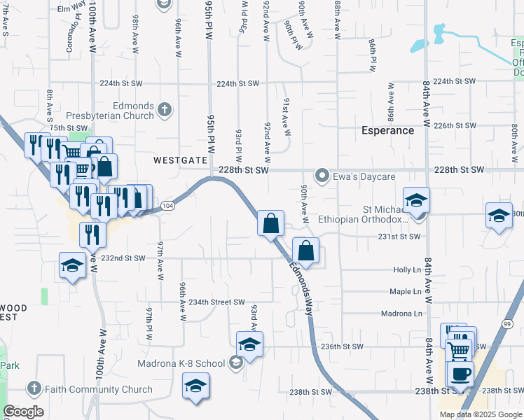 map of restaurants, bars, coffee shops, grocery stores, and more near 23014 Washington 104 in Edmonds