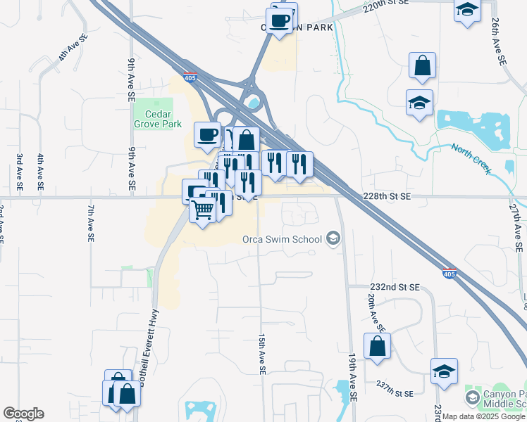 map of restaurants, bars, coffee shops, grocery stores, and more near 22819 15th Avenue Southeast in Bothell