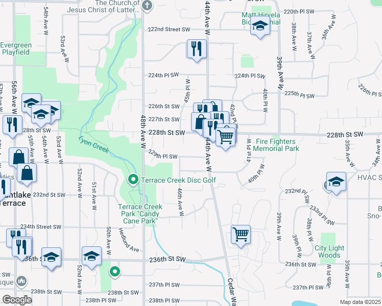 map of restaurants, bars, coffee shops, grocery stores, and more near 4501 229th Place Southwest in Mountlake Terrace