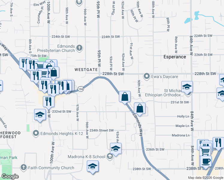 map of restaurants, bars, coffee shops, grocery stores, and more near 22910 Edmonds Way in Edmonds