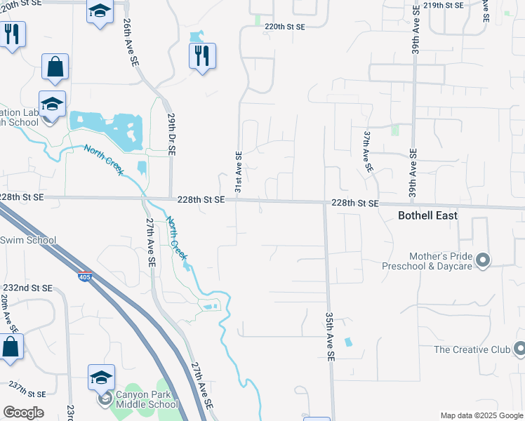 map of restaurants, bars, coffee shops, grocery stores, and more near 3214 228th Street Southeast in Bothell