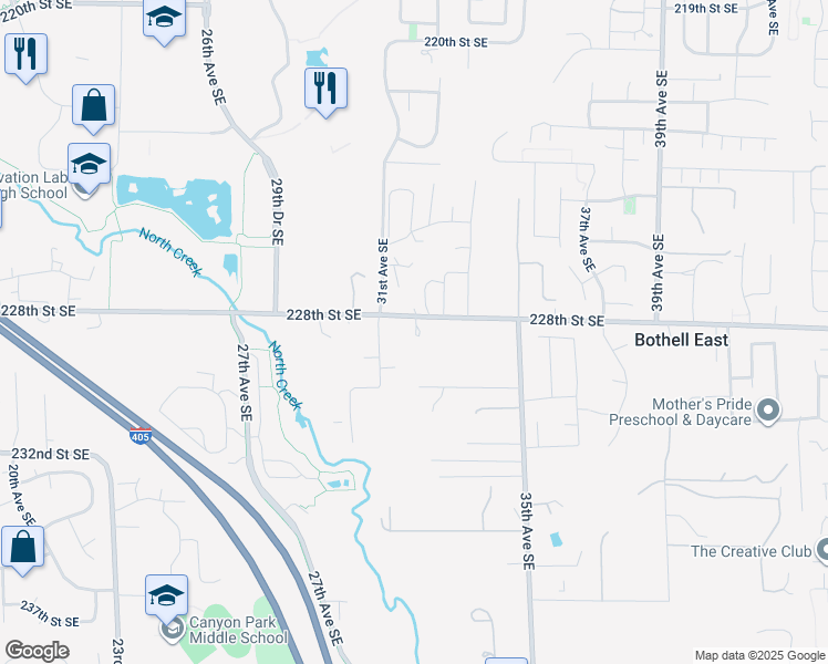 map of restaurants, bars, coffee shops, grocery stores, and more near 3214 228th Street Southeast in Bothell