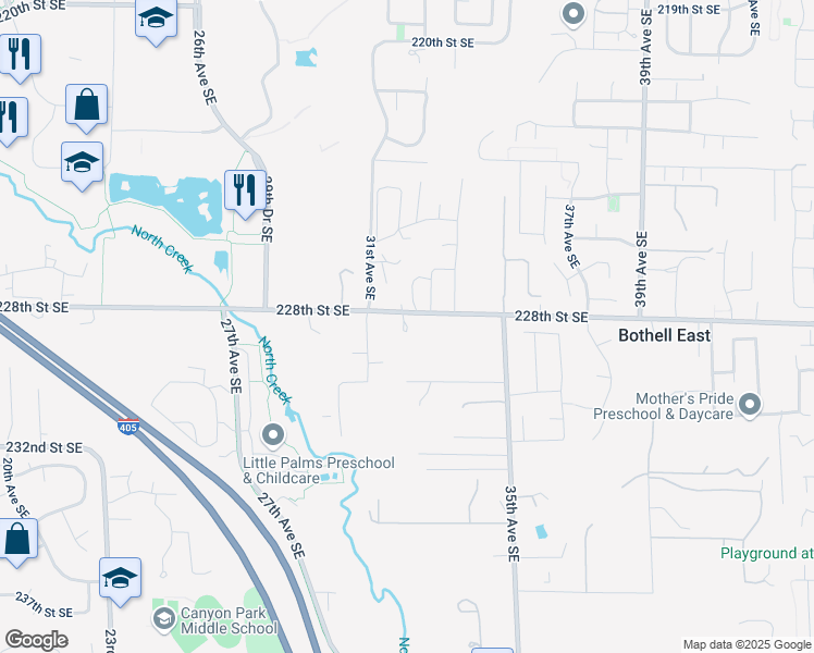 map of restaurants, bars, coffee shops, grocery stores, and more near 3224 228th Street Southeast in Bothell