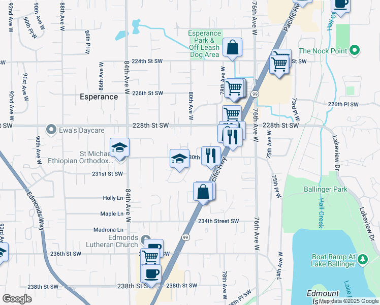 map of restaurants, bars, coffee shops, grocery stores, and more near 22821 80th Place West in Edmonds
