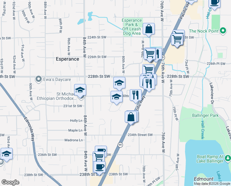 map of restaurants, bars, coffee shops, grocery stores, and more near 22821 80th Place West in Edmonds