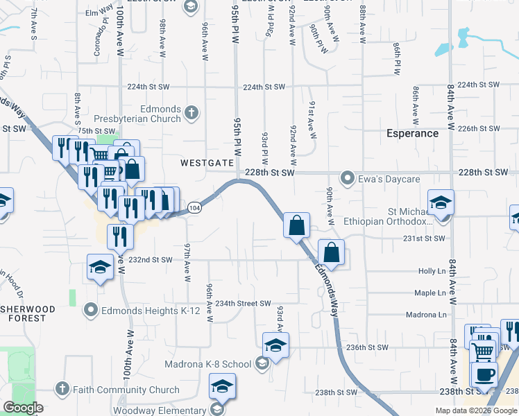 map of restaurants, bars, coffee shops, grocery stores, and more near 22826 Edmonds Way in Edmonds