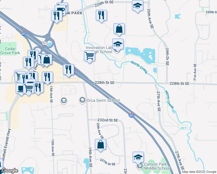 map of restaurants, bars, coffee shops, grocery stores, and more near 2111 228th Place Southeast in Bothell