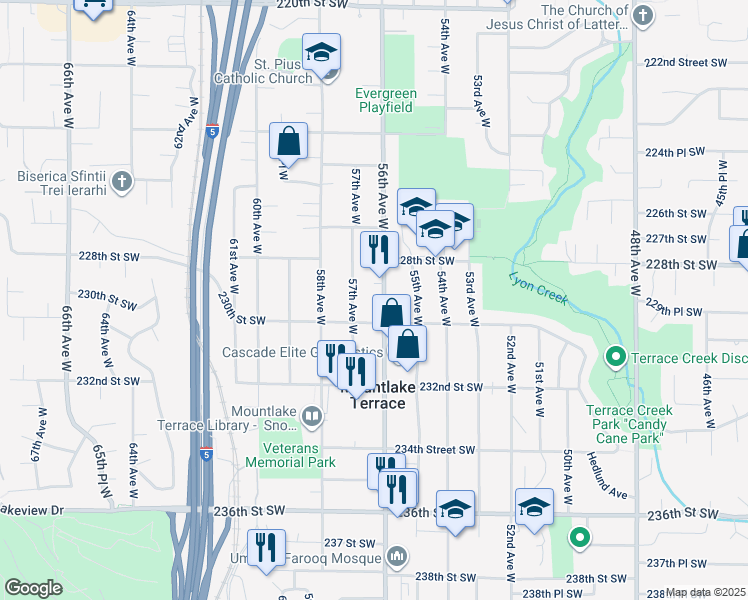 map of restaurants, bars, coffee shops, grocery stores, and more near in Mountlake Terrace