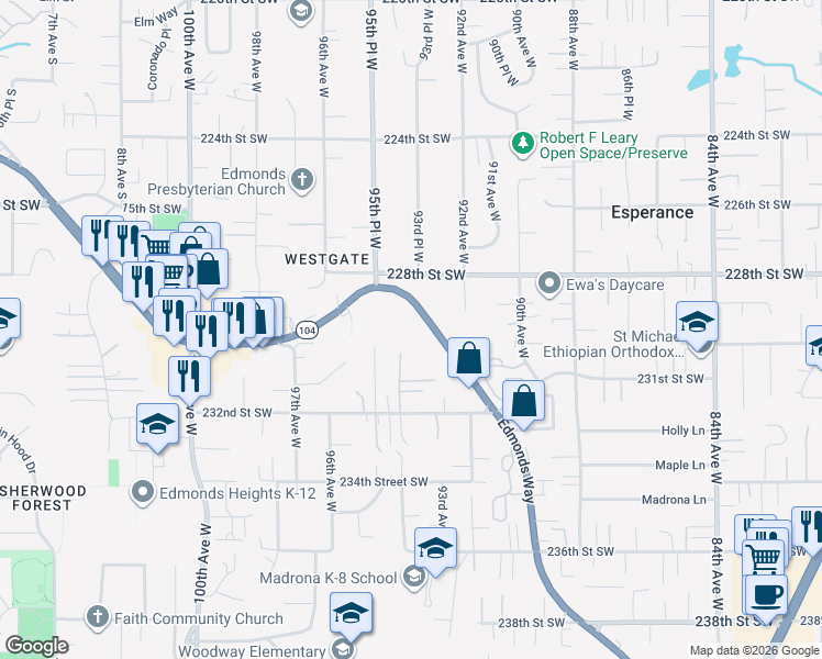 map of restaurants, bars, coffee shops, grocery stores, and more near 22826 Edmonds Way in Edmonds