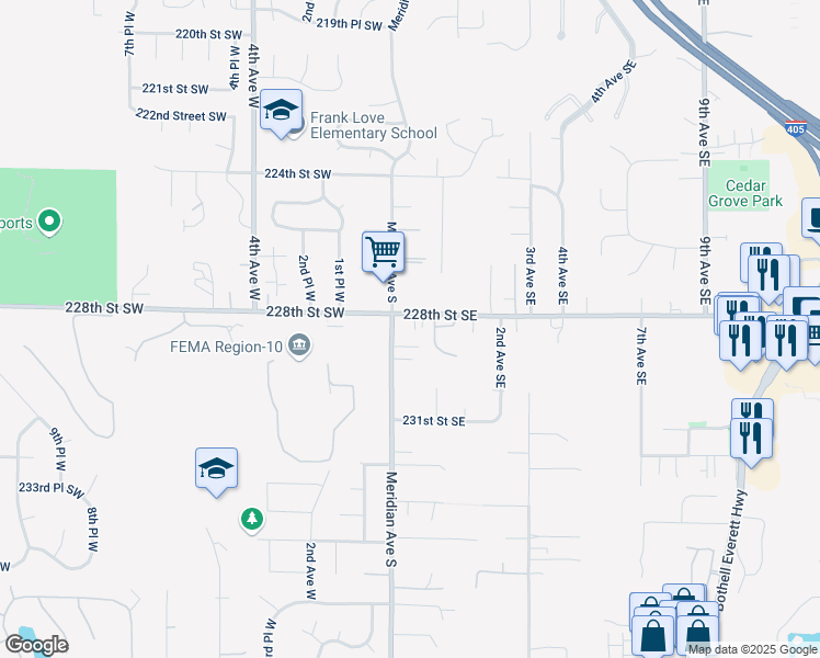 map of restaurants, bars, coffee shops, grocery stores, and more near 16 228th Street Southeast in Bothell