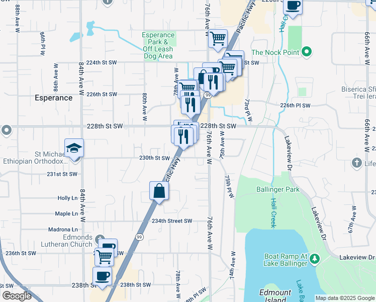 map of restaurants, bars, coffee shops, grocery stores, and more near 22901 Highway 99 in Edmonds
