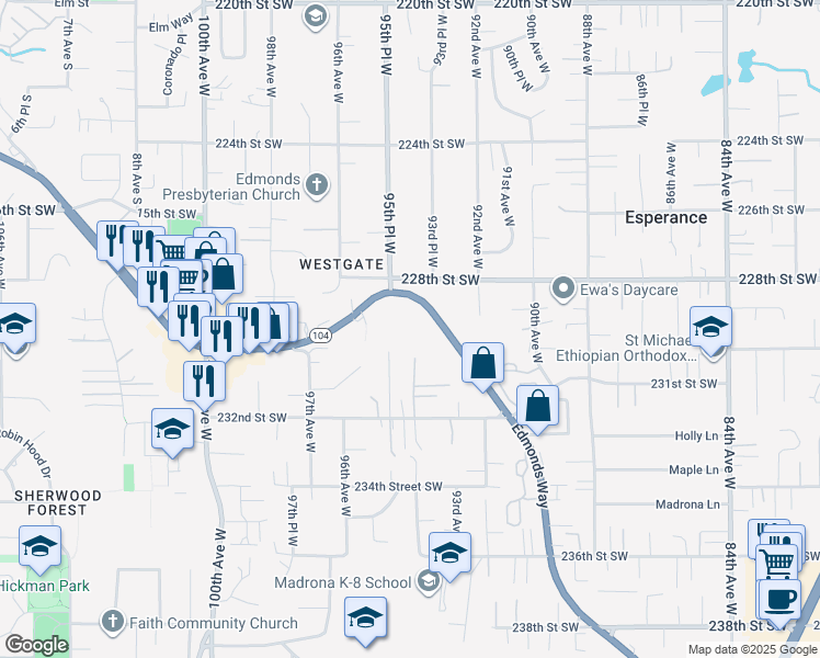 map of restaurants, bars, coffee shops, grocery stores, and more near 22816 Edmonds Way in Edmonds