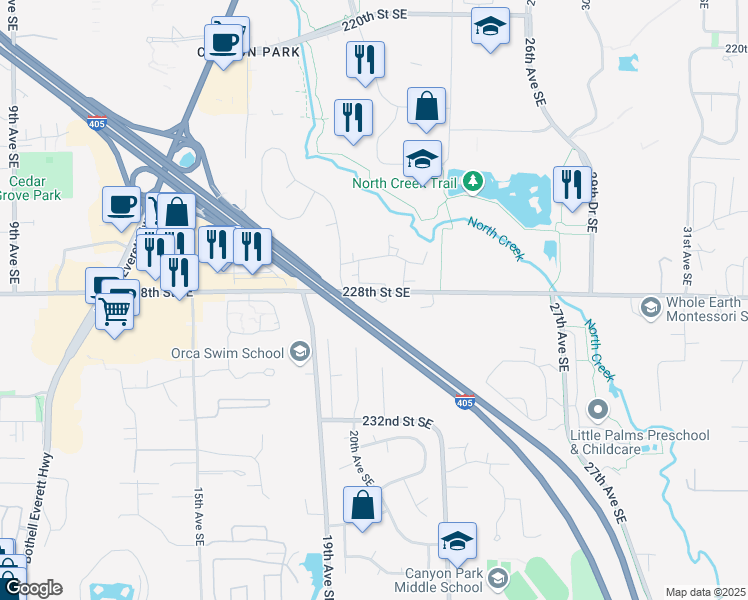 map of restaurants, bars, coffee shops, grocery stores, and more near 2111 228th Place Southeast in Bothell