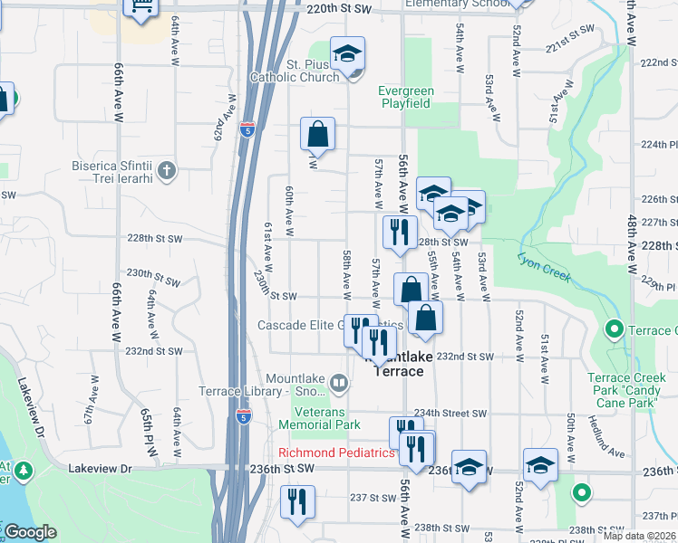 map of restaurants, bars, coffee shops, grocery stores, and more near 22808 58th Avenue West in Mountlake Terrace