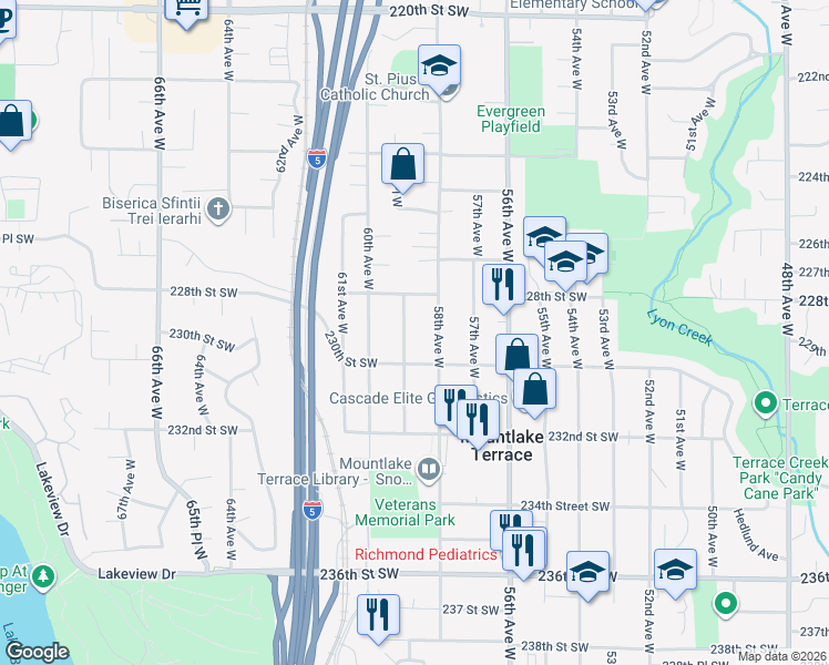 map of restaurants, bars, coffee shops, grocery stores, and more near 22808 58th Avenue West in Mountlake Terrace