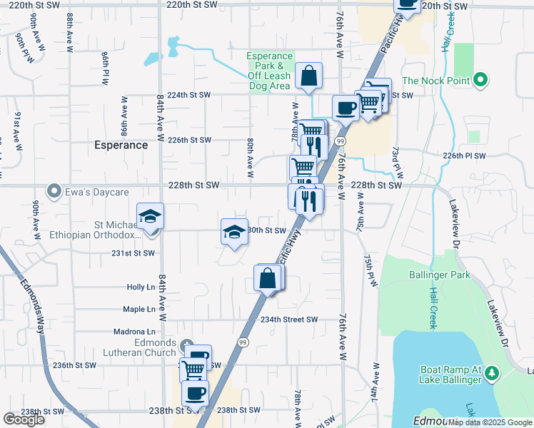 map of restaurants, bars, coffee shops, grocery stores, and more near 7909 229th Place Southwest in Edmonds
