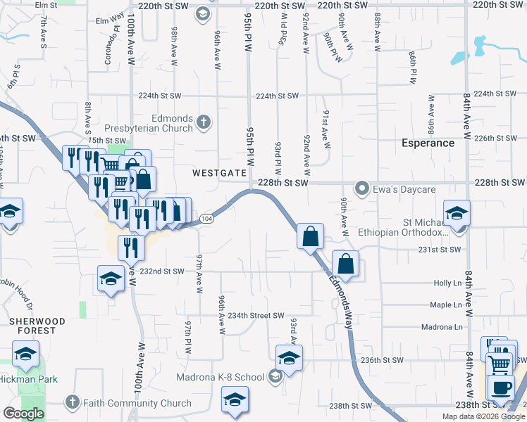 map of restaurants, bars, coffee shops, grocery stores, and more near 22810 Edmonds Way in Edmonds