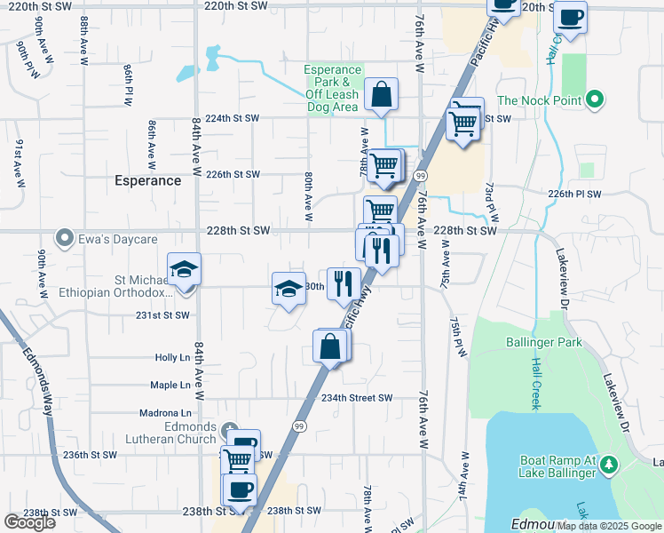 map of restaurants, bars, coffee shops, grocery stores, and more near 7909 229th Place Southwest in Edmonds