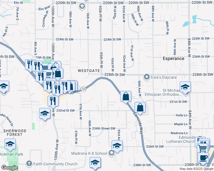 map of restaurants, bars, coffee shops, grocery stores, and more near 22810 Edmonds Way in Edmonds