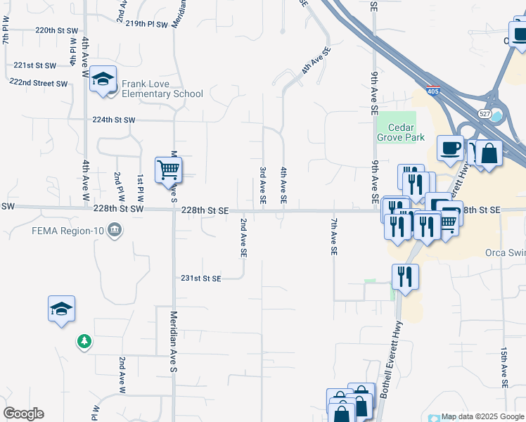 map of restaurants, bars, coffee shops, grocery stores, and more near 3rd Avenue Southeast in Bothell