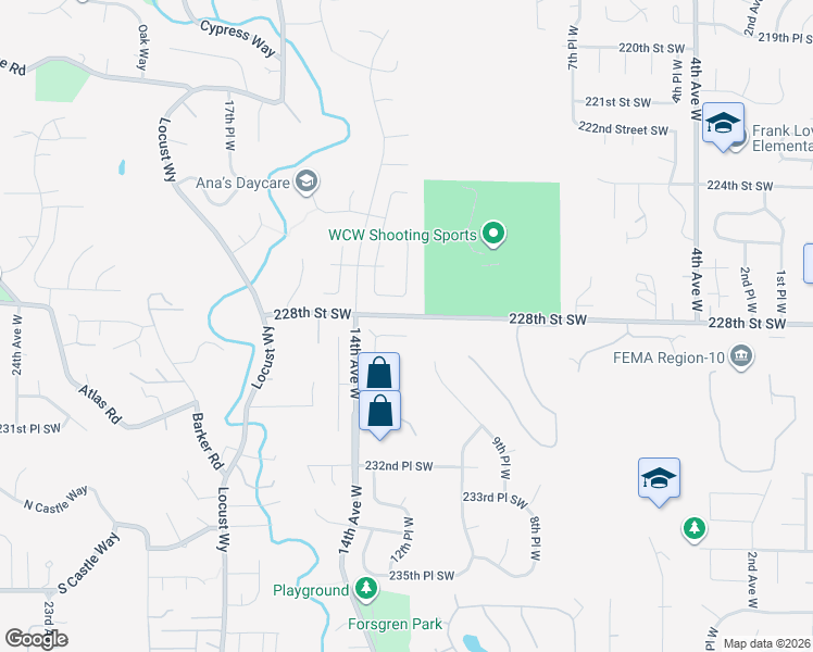map of restaurants, bars, coffee shops, grocery stores, and more near 1213 228th Place Southwest in Bothell