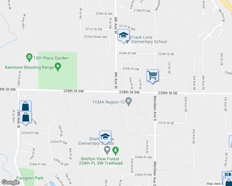 map of restaurants, bars, coffee shops, grocery stores, and more near 325 228th Street Southwest in Bothell