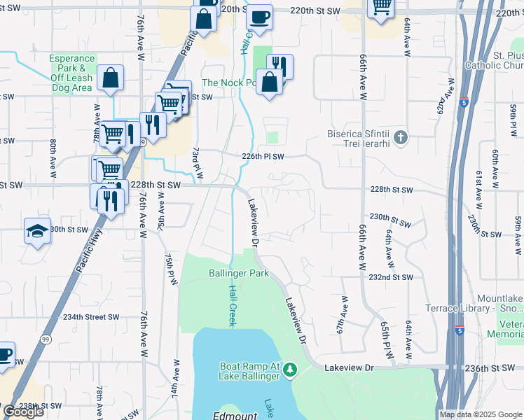 map of restaurants, bars, coffee shops, grocery stores, and more near 22805 Lakeview Drive in Mountlake Terrace