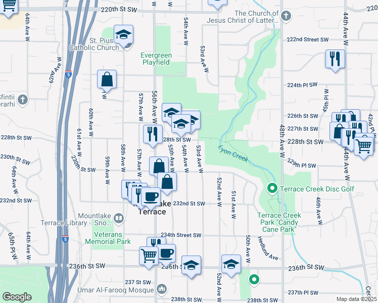 map of restaurants, bars, coffee shops, grocery stores, and more near 22805 54th Avenue West in Mountlake Terrace