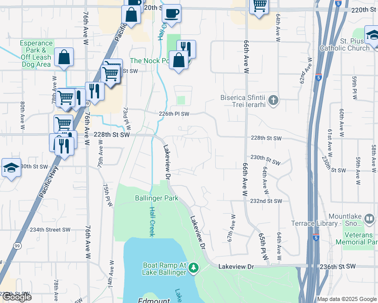 map of restaurants, bars, coffee shops, grocery stores, and more near 22813 Lakeview Drive in Mountlake Terrace