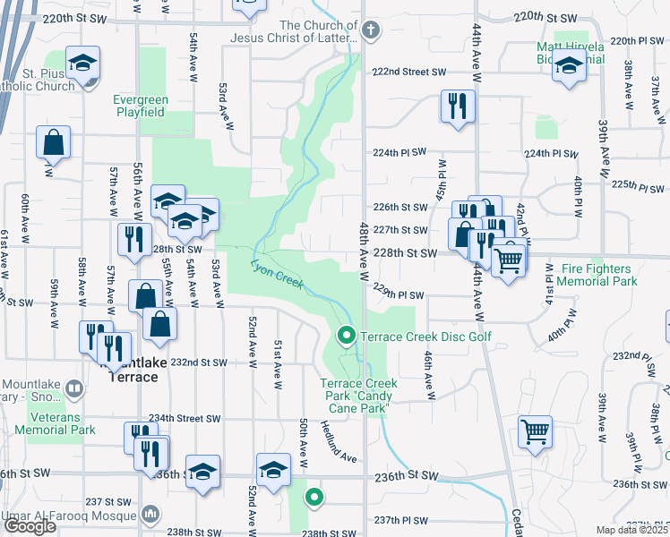 map of restaurants, bars, coffee shops, grocery stores, and more near 4820 228th Street Southwest in Mountlake Terrace
