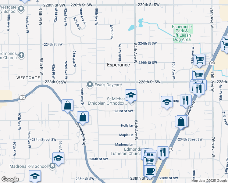 map of restaurants, bars, coffee shops, grocery stores, and more near 22831 86th Place West in Edmonds