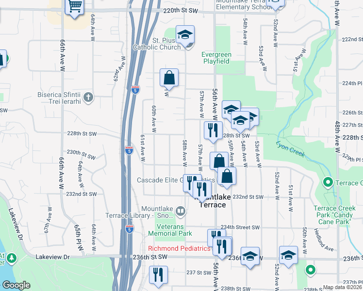 map of restaurants, bars, coffee shops, grocery stores, and more near 22808 58th Avenue West in Mountlake Terrace