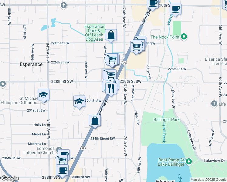 map of restaurants, bars, coffee shops, grocery stores, and more near 22901 Highway 99 in Edmonds