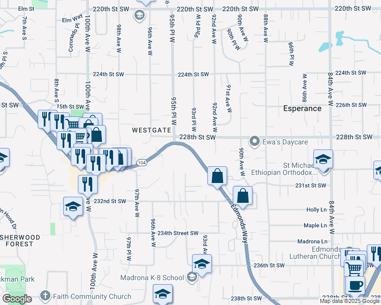 map of restaurants, bars, coffee shops, grocery stores, and more near 22826 Edmonds Way in Edmonds