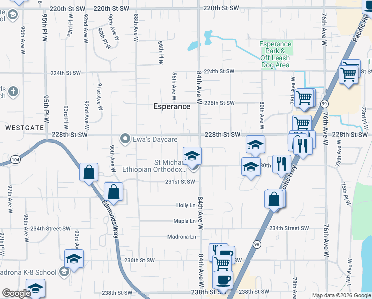 map of restaurants, bars, coffee shops, grocery stores, and more near 22906 84th Avenue West in Edmonds