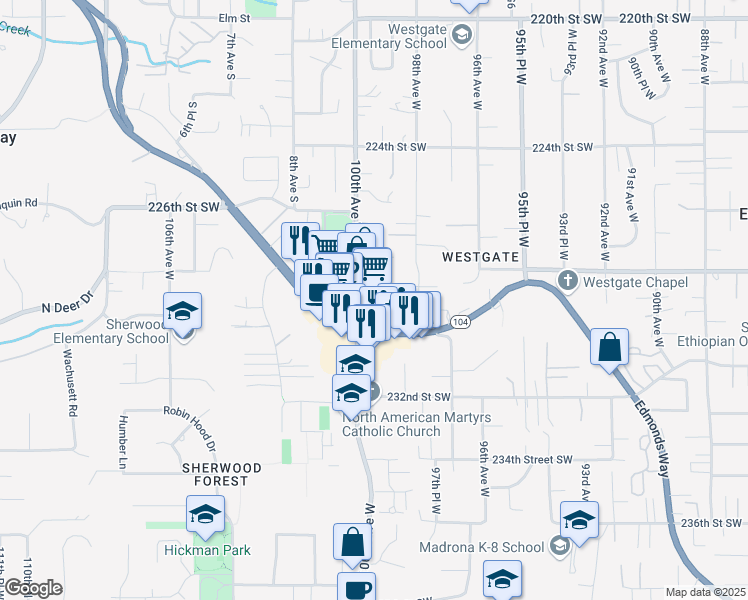 map of restaurants, bars, coffee shops, grocery stores, and more near 9803 Edmonds Way in Edmonds