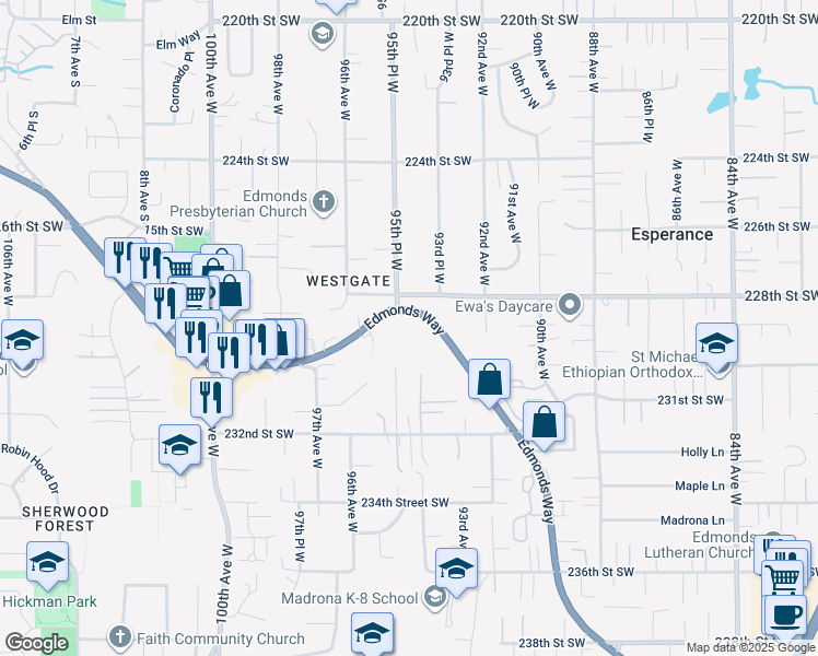 map of restaurants, bars, coffee shops, grocery stores, and more near 22810 Edmonds Way in Edmonds