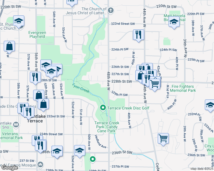 map of restaurants, bars, coffee shops, grocery stores, and more near 22802 48th Avenue West in Mountlake Terrace