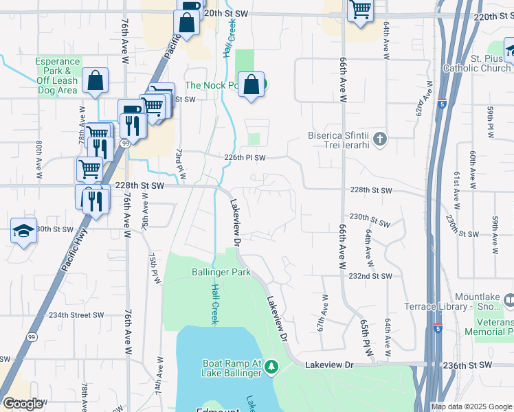 map of restaurants, bars, coffee shops, grocery stores, and more near 22805 Lakeview Drive in Mountlake Terrace