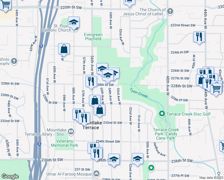 map of restaurants, bars, coffee shops, grocery stores, and more near 22805 54th Avenue West in Mountlake Terrace