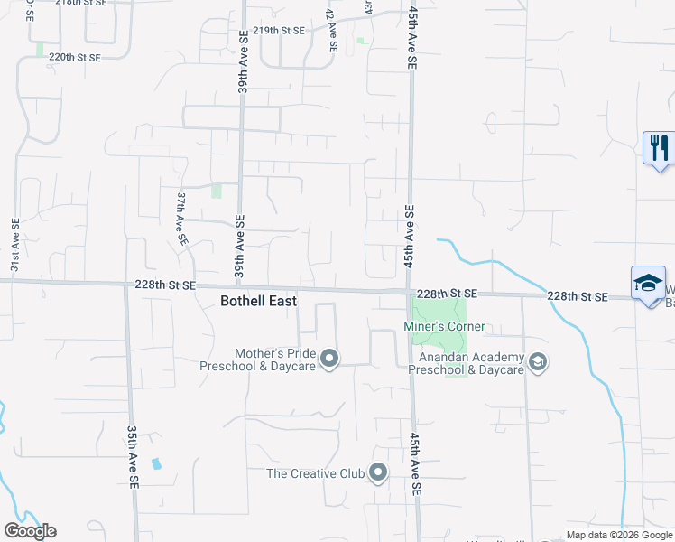 map of restaurants, bars, coffee shops, grocery stores, and more near 4215 228th Street Southeast in Bothell