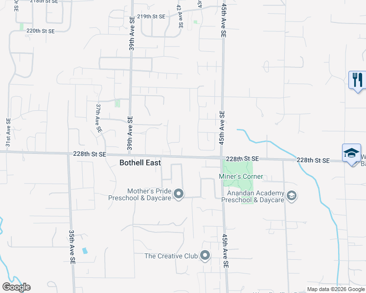 map of restaurants, bars, coffee shops, grocery stores, and more near 4215 228th Street Southeast in Bothell