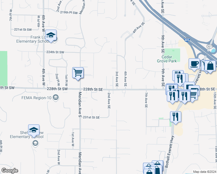 map of restaurants, bars, coffee shops, grocery stores, and more near 201 228th Street Southwest in Bothell