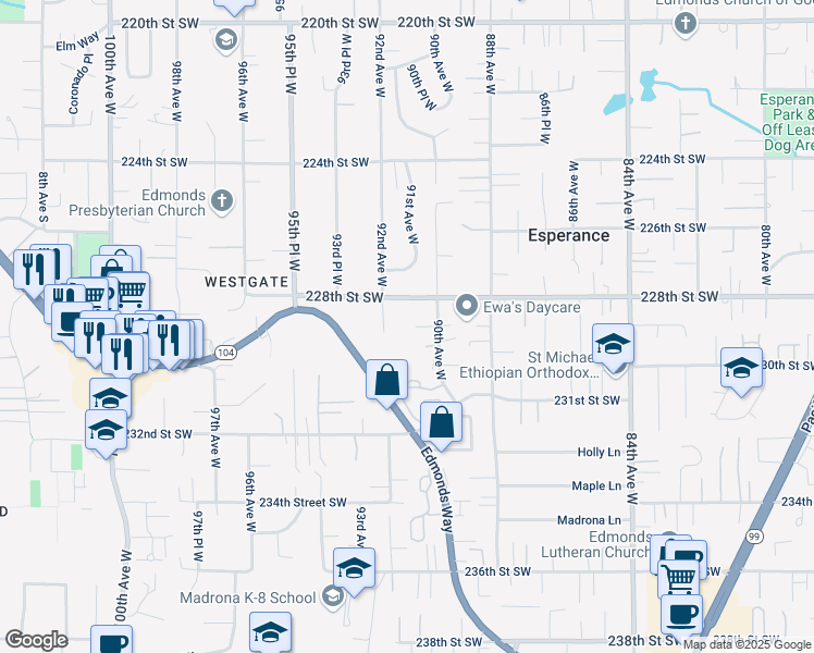 map of restaurants, bars, coffee shops, grocery stores, and more near 9030 229th Street Southwest in Edmonds
